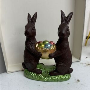 Chocolate Bunny Pair Figurine Holding Golden Egg Easter